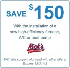 save $150 with installation of new high-efficiency furnace, A/C or heat pump
