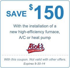 save $150 with installation of new high-efficiency furnace, A/C or heat pump